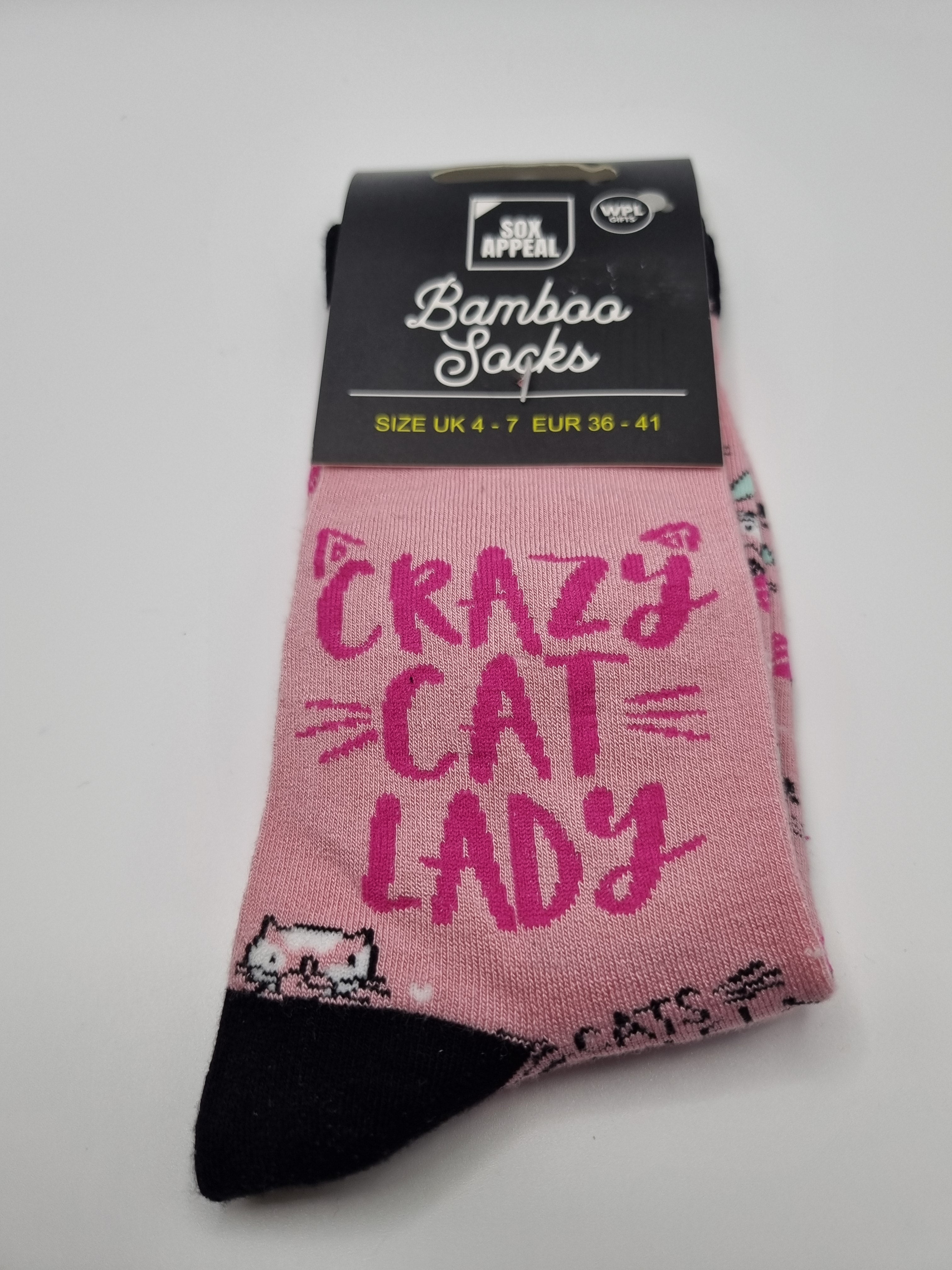 Pink Crazy Cat Lady novelty bamboo socks with cat illustrations and dark grey cuffs, toes and heels, UK size 4–7