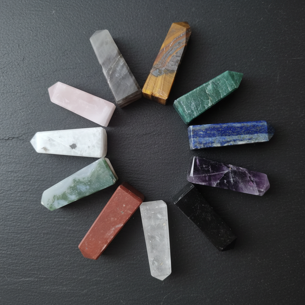 Collection of polished crystal obelisk points in assorted gemstones, including amethyst, rose quartz, clear quartz, tiger's eye and lapis lazuli.
