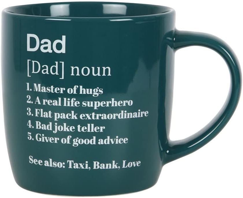 Dad definition ceramic mug presented in a gift box with printed humorous dictionary-style text design.