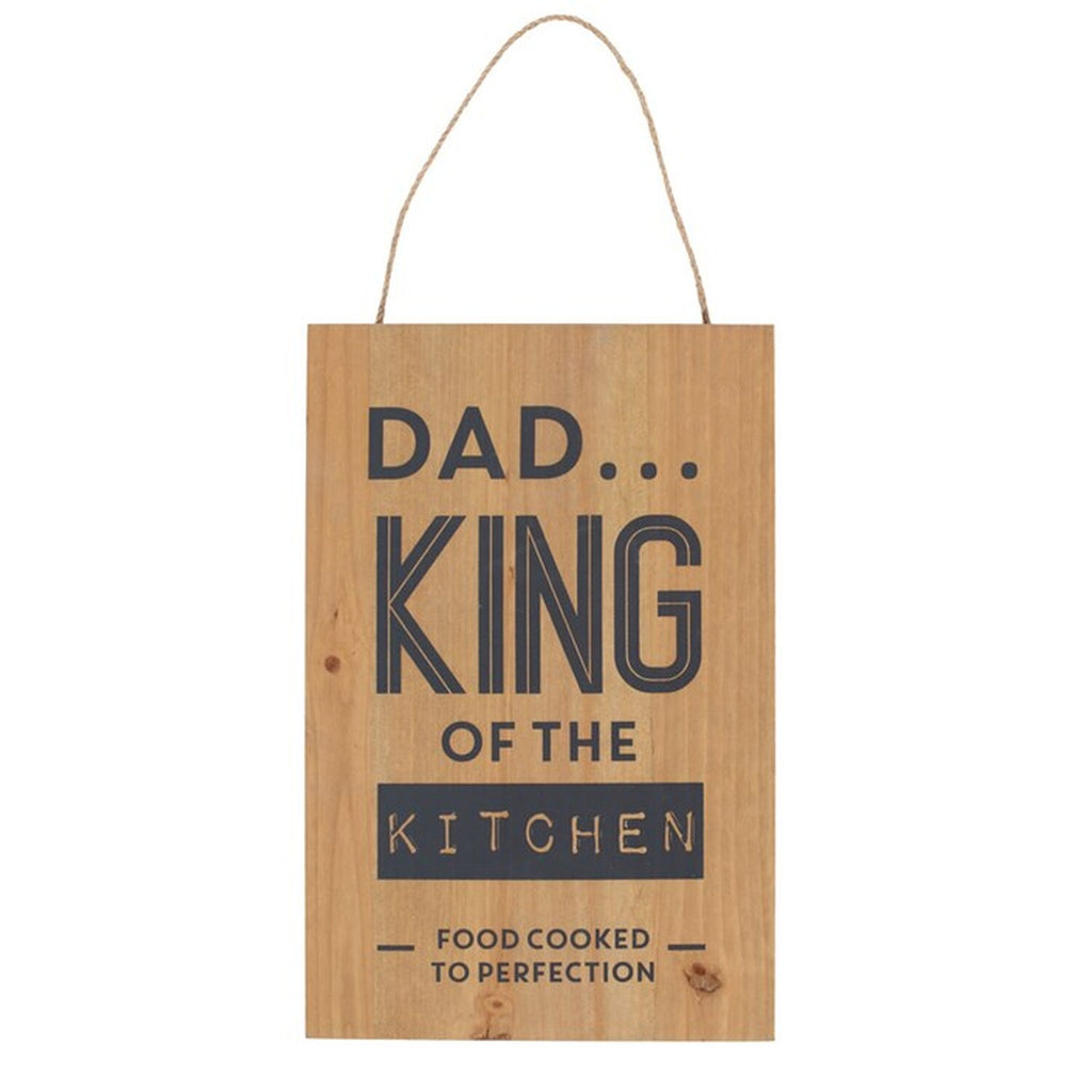 Wooden hanging sign reading “Dad King of the Kitchen” with rustic finish and rope hanger for display.
