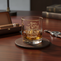 Dad The Man The Myth The Legend whisky tumbler with gold typography and gold rim on a white background