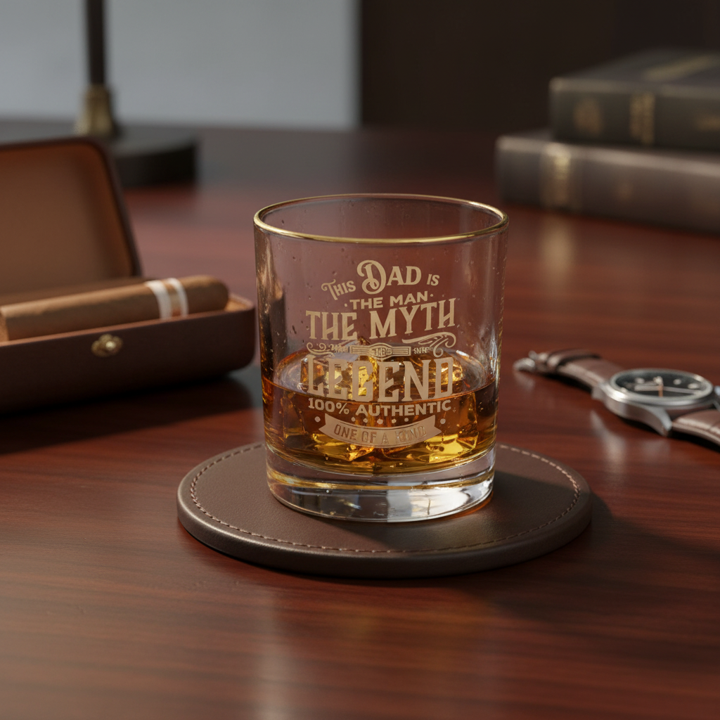 Dad The Man The Myth The Legend whisky tumbler with gold typography and gold rim on a white background