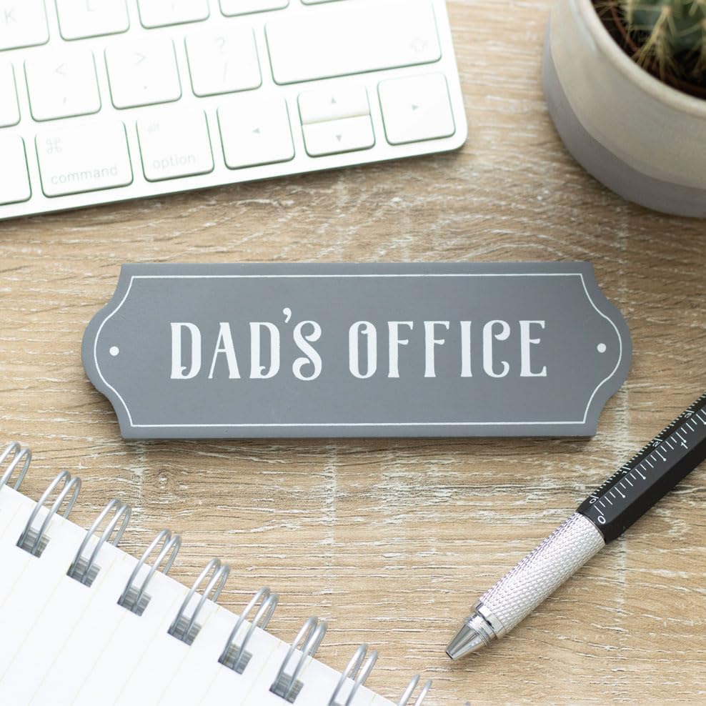 Small wooden wall plaque reading “Dad’s Office” with rustic decorative finish for home office display.