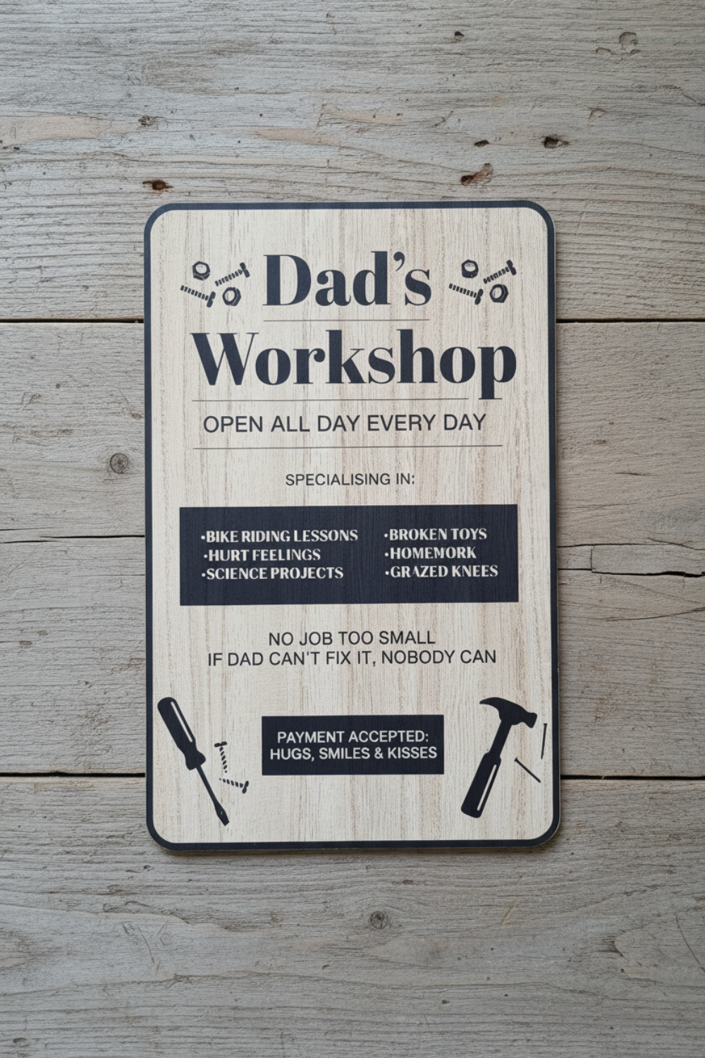 Chunky wooden hanging sign reading “Dad’s Workshop” with rustic style and rope hanger for shed or garage display.