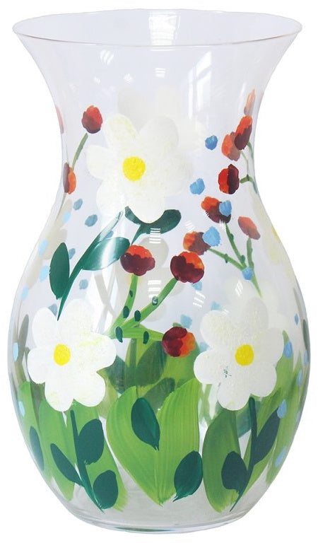 Hand-painted glass vase with daisy flower design, 19cm tall, decorative floral home accessory