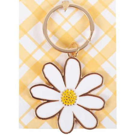 Metal keyring featuring a daisy-shaped charm with summer-inspired floral design and attached keyring loop.