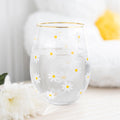 Stemless wine glass with daisy print, a fun and elegant choice for drinks and gifting
