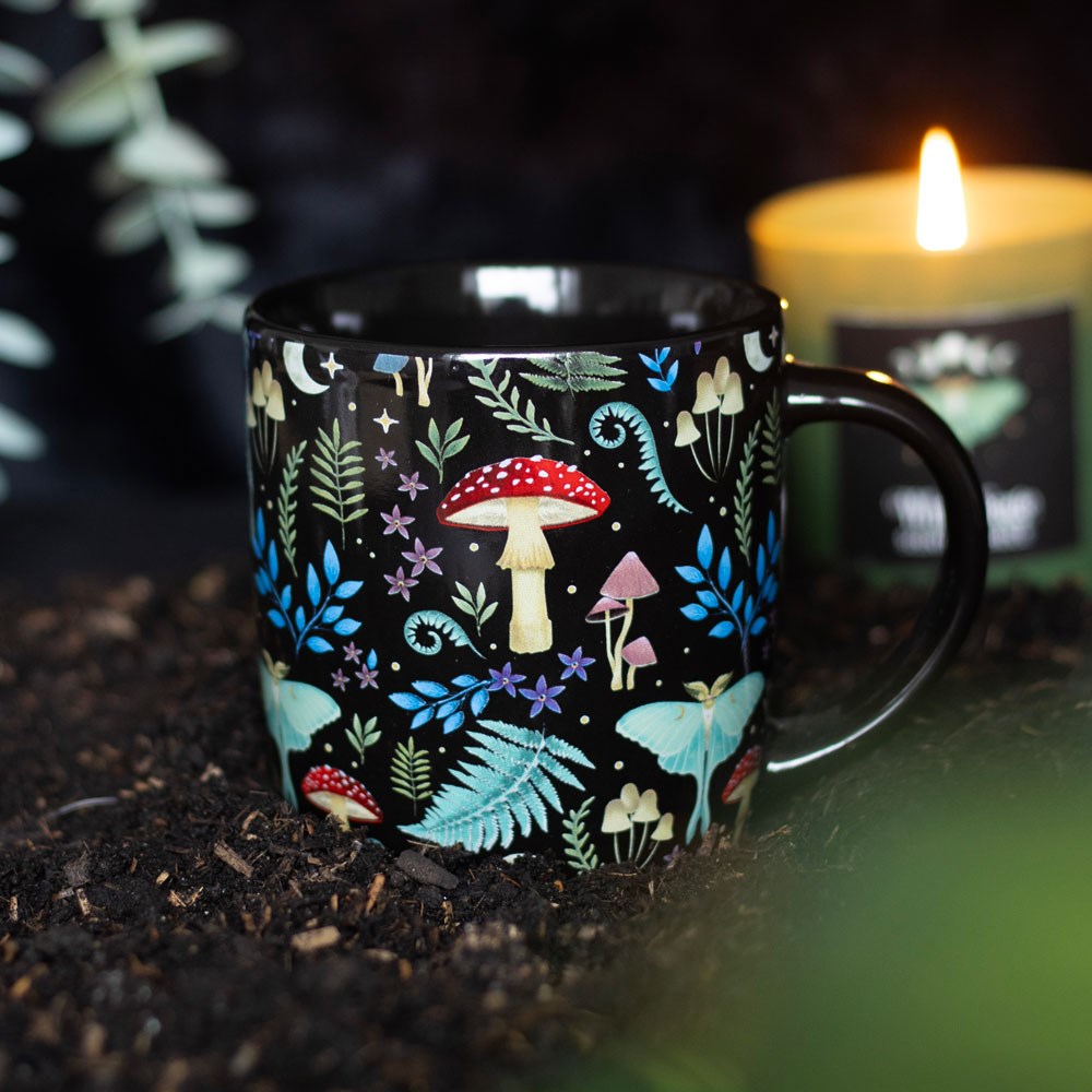 Dark forest mushroom print ceramic mug, perfect for cosy woodland-themed decor