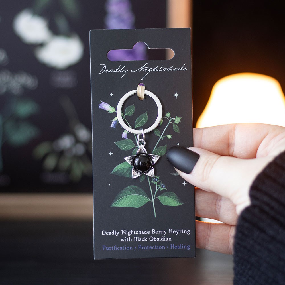 Deadly nightshade metal keyring with black obsidian detail, a dark and unique accessory