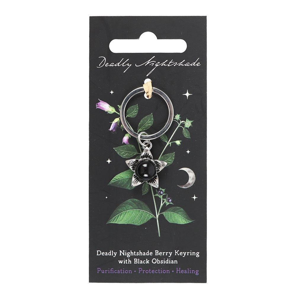 Deadly Nightshade Metal Keyring With Black Obsidian