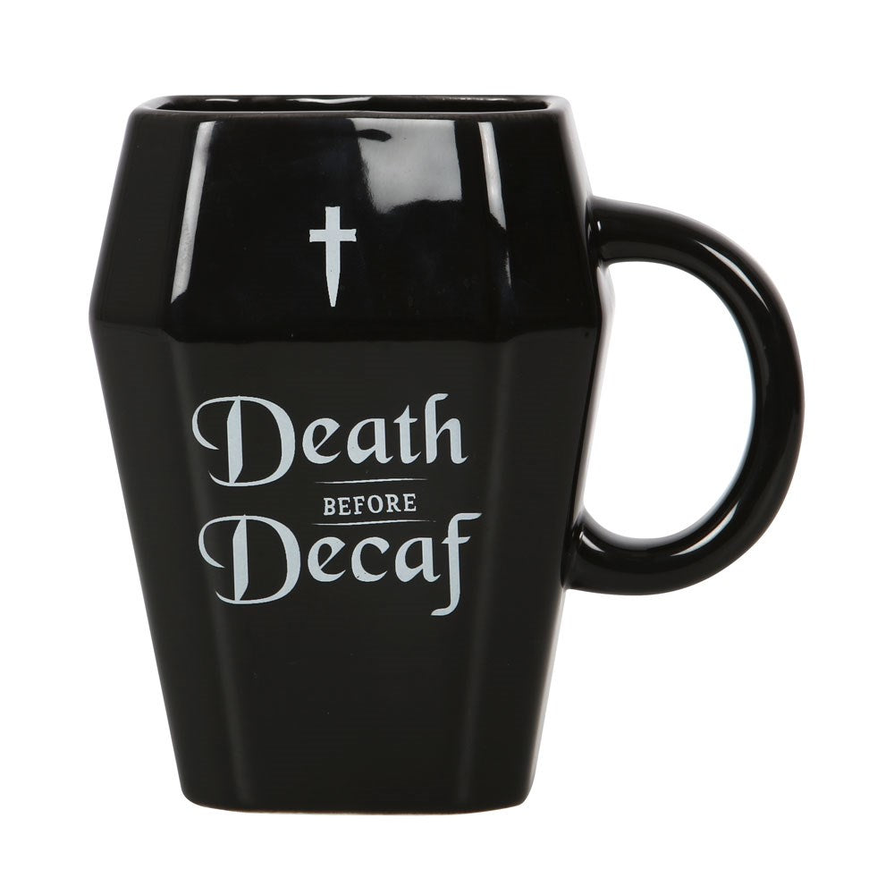 Death Before Decaf Coffin Shaped Ceramic Mug