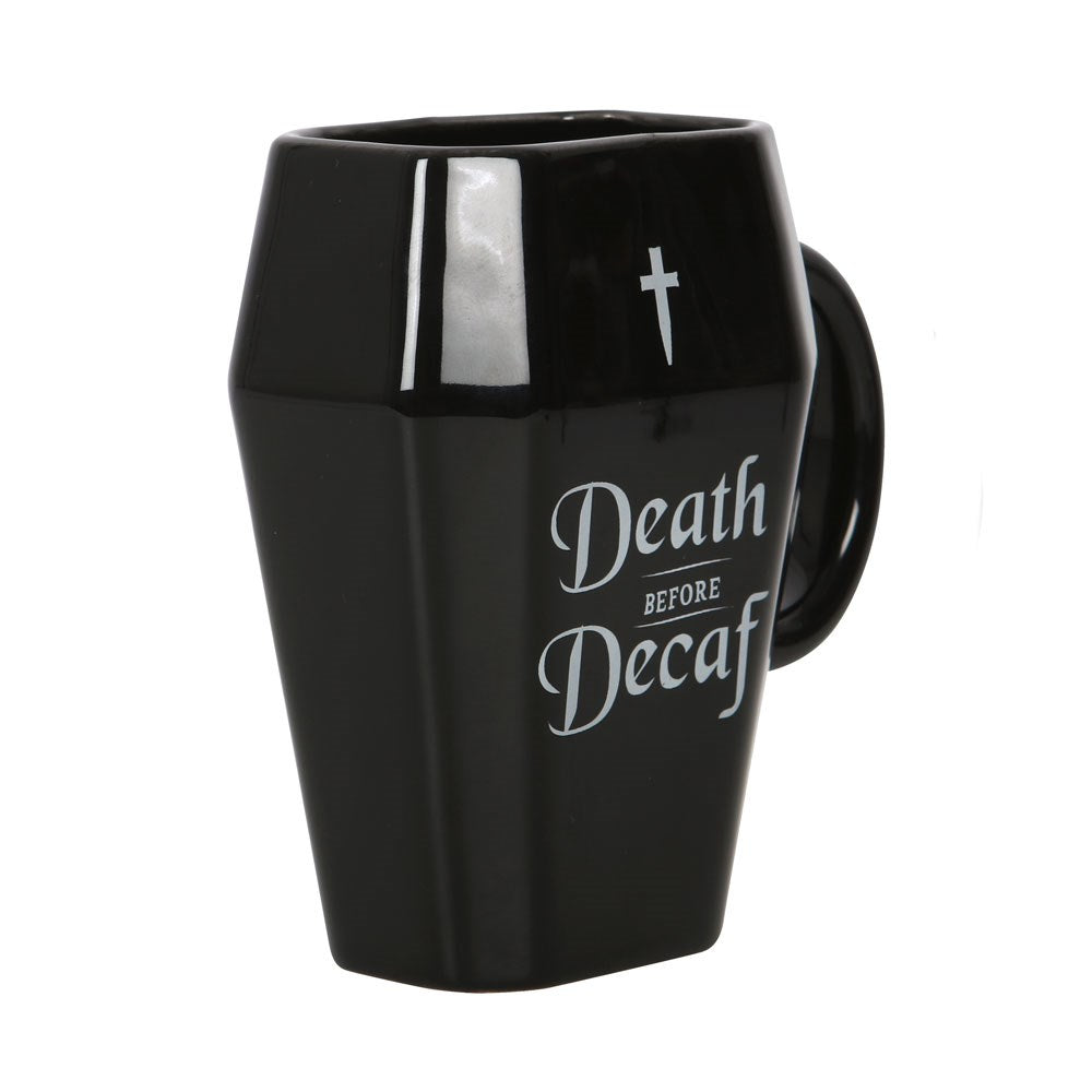 Death Before Decaf Coffin Shaped Ceramic Mug