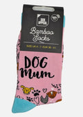 Pink Dog Mum novelty bamboo socks with dog face and paw print illustrations, turquoise cuffs and heels, UK size 4–7, shown in packaging