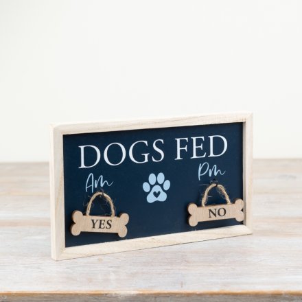 Dogs fed hanging sign with yes and no bone tokens, a practical and playful home reminder for pet owners
