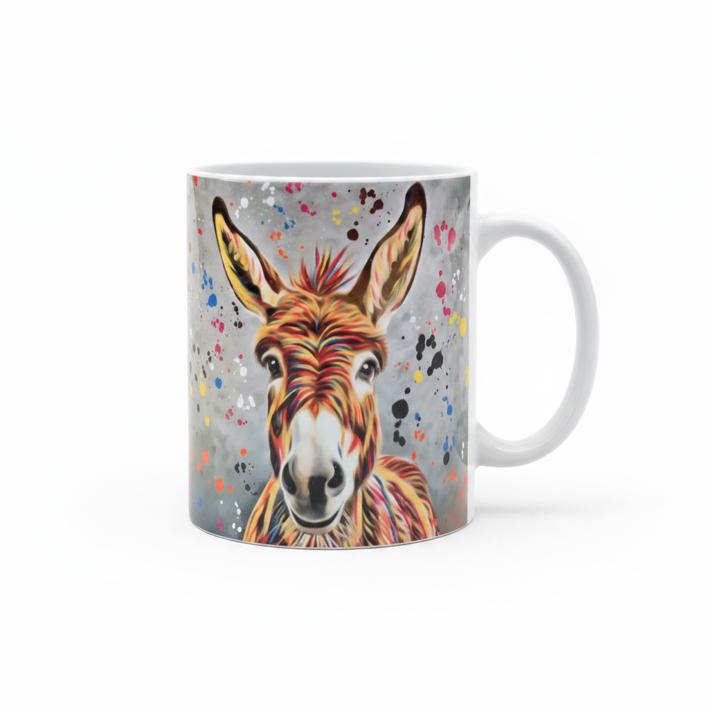 White ceramic mug featuring a colourful pop art donkey illustration with multicoloured paint splatter design by Deborah Barker, on a dark background

