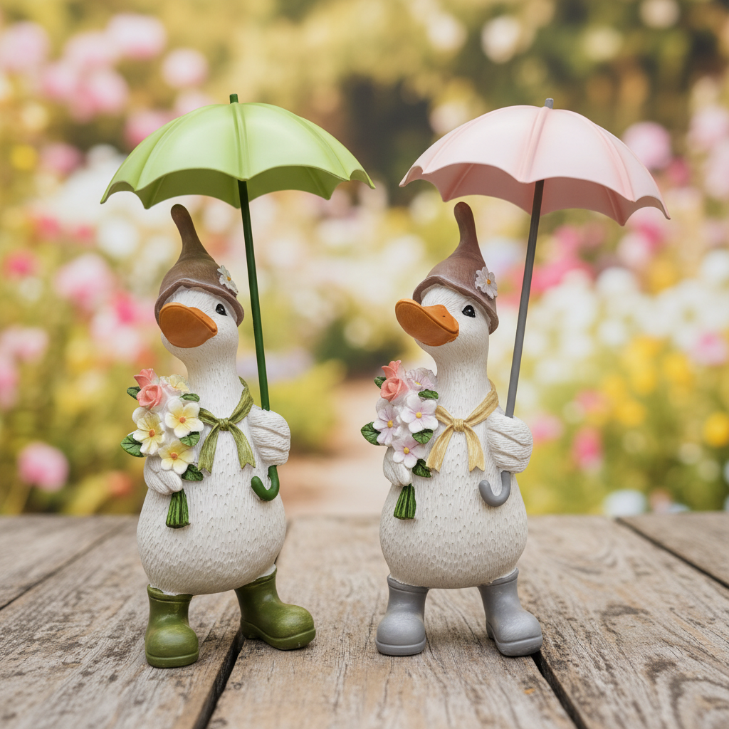 Two white resin duck figurines with pointed hats, flower bouquets and colourful umbrellas — one with a green umbrella and green wellies, one with a pink umbrella and grey wellies