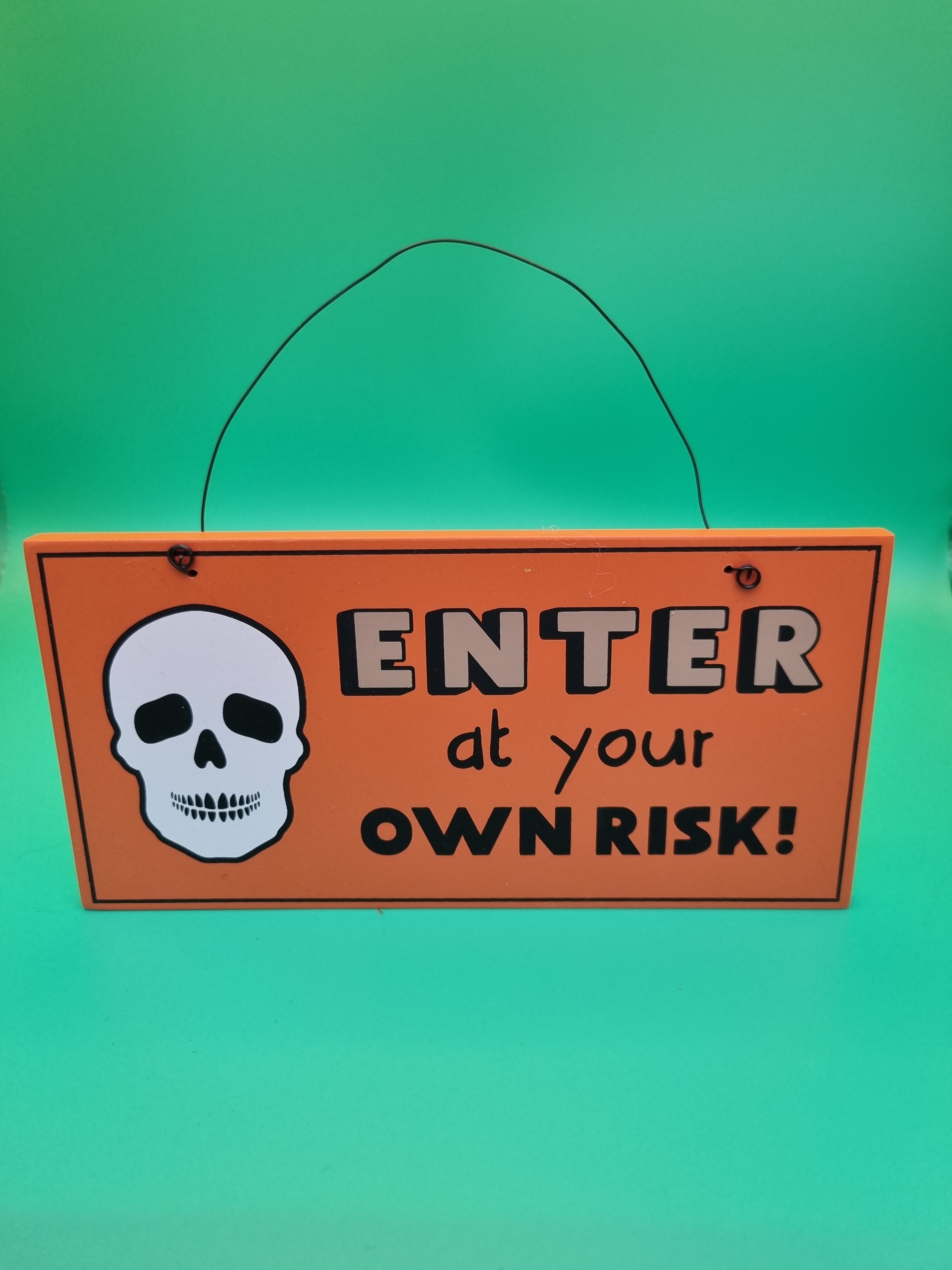 An orange rectangular hanging sign with a black wire handle, featuring a white skull graphic and the text 'ENTER at your OWN RISK!' on a bright green background.