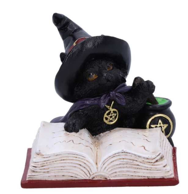 Black witches cat figurine with “Familiars Brew” theme, mystical home decor