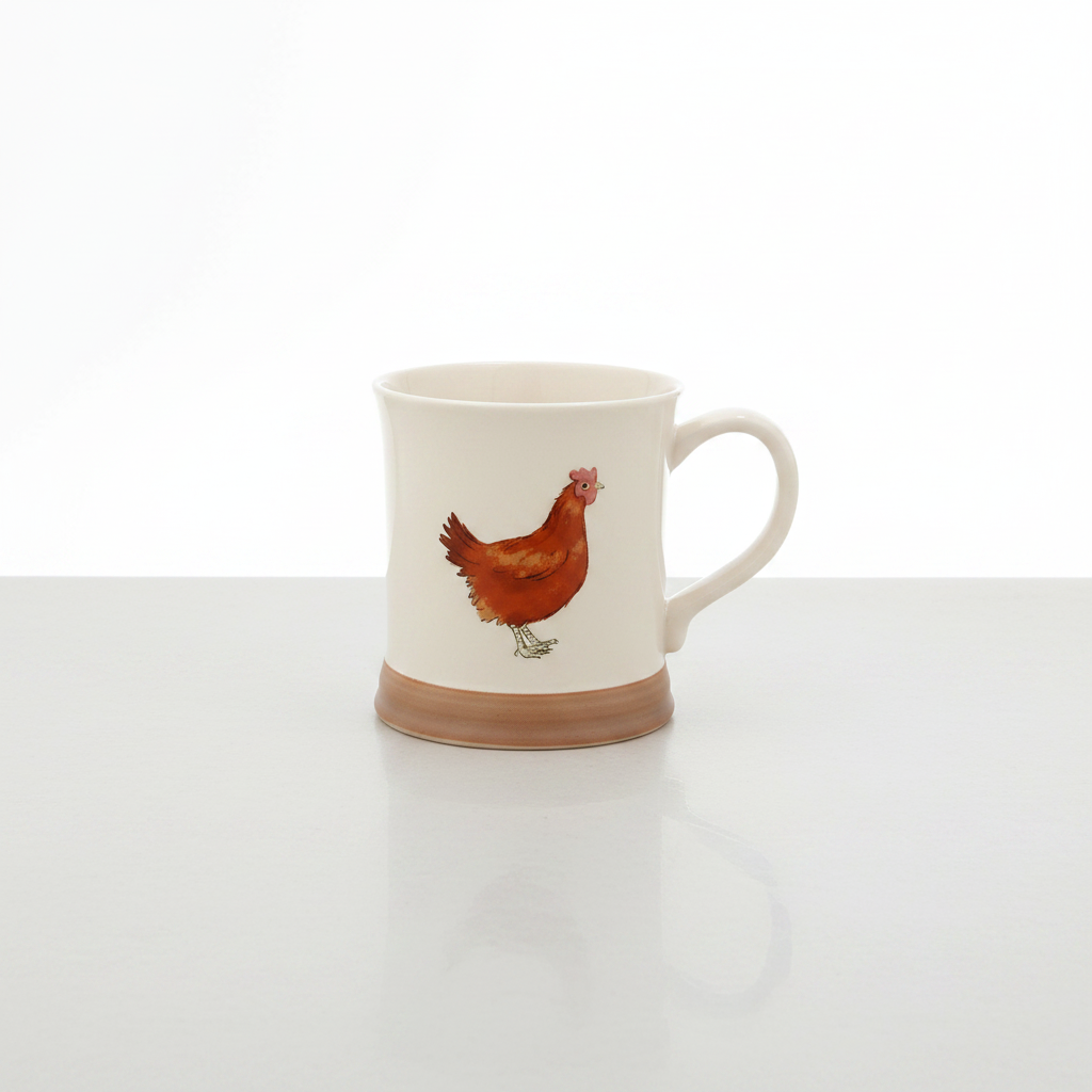 Cream ceramic mug with an embossed red-brown farmyard hen illustration and a rustic terracotta coloured base, shown against a white background