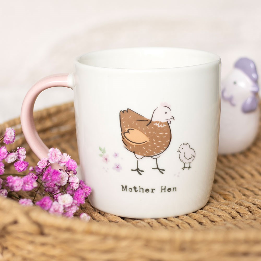 Mother hen themed ceramic mug, a cosy and rustic mug for tea or coffee