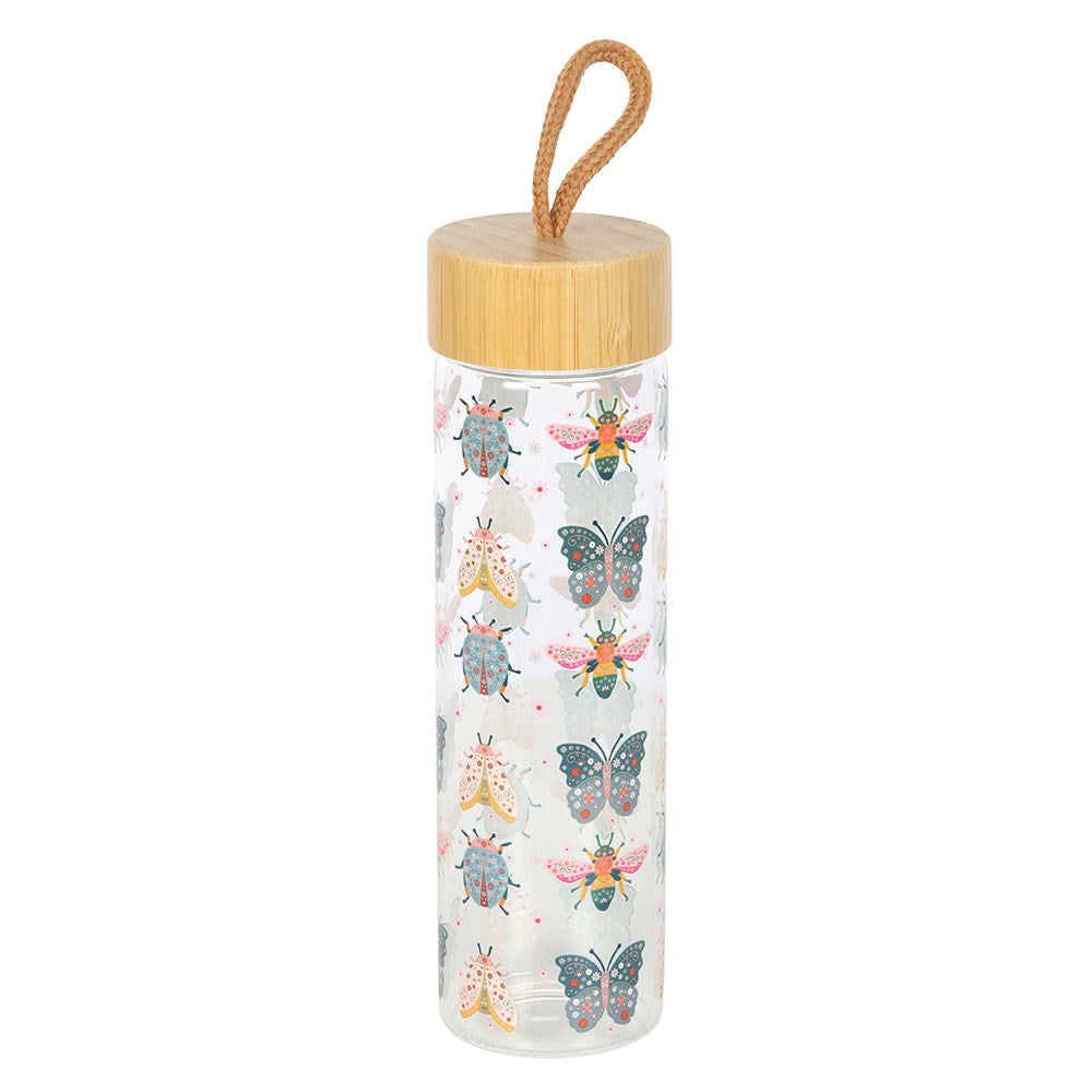 Floral Bug Design Pastel Glass Water Bottle