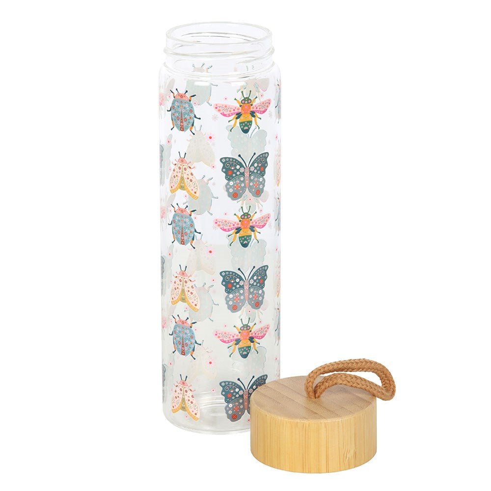 Floral Bug Design Pastel Glass Water Bottle