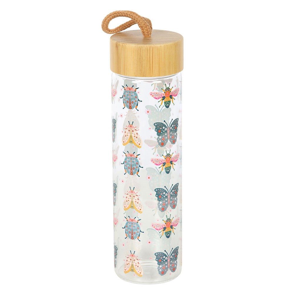 Floral Bug Design Pastel Glass Water Bottle