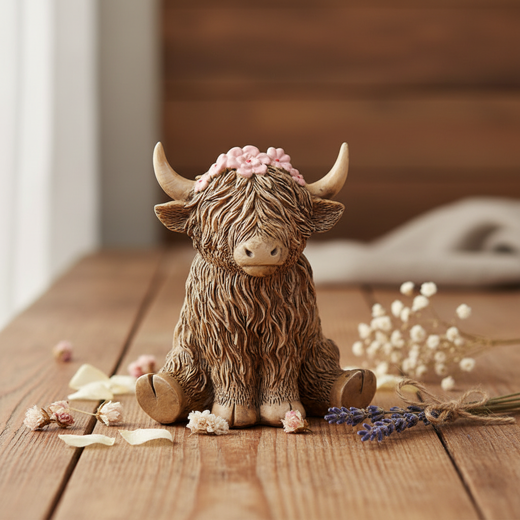Flower Girl Highland Cow Figurine - lifestyle