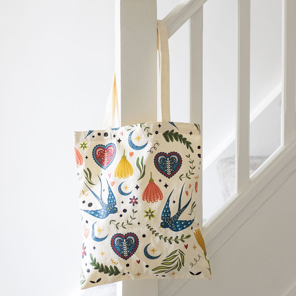 Folk Art Blue Swallow Polycotton Tote Bag