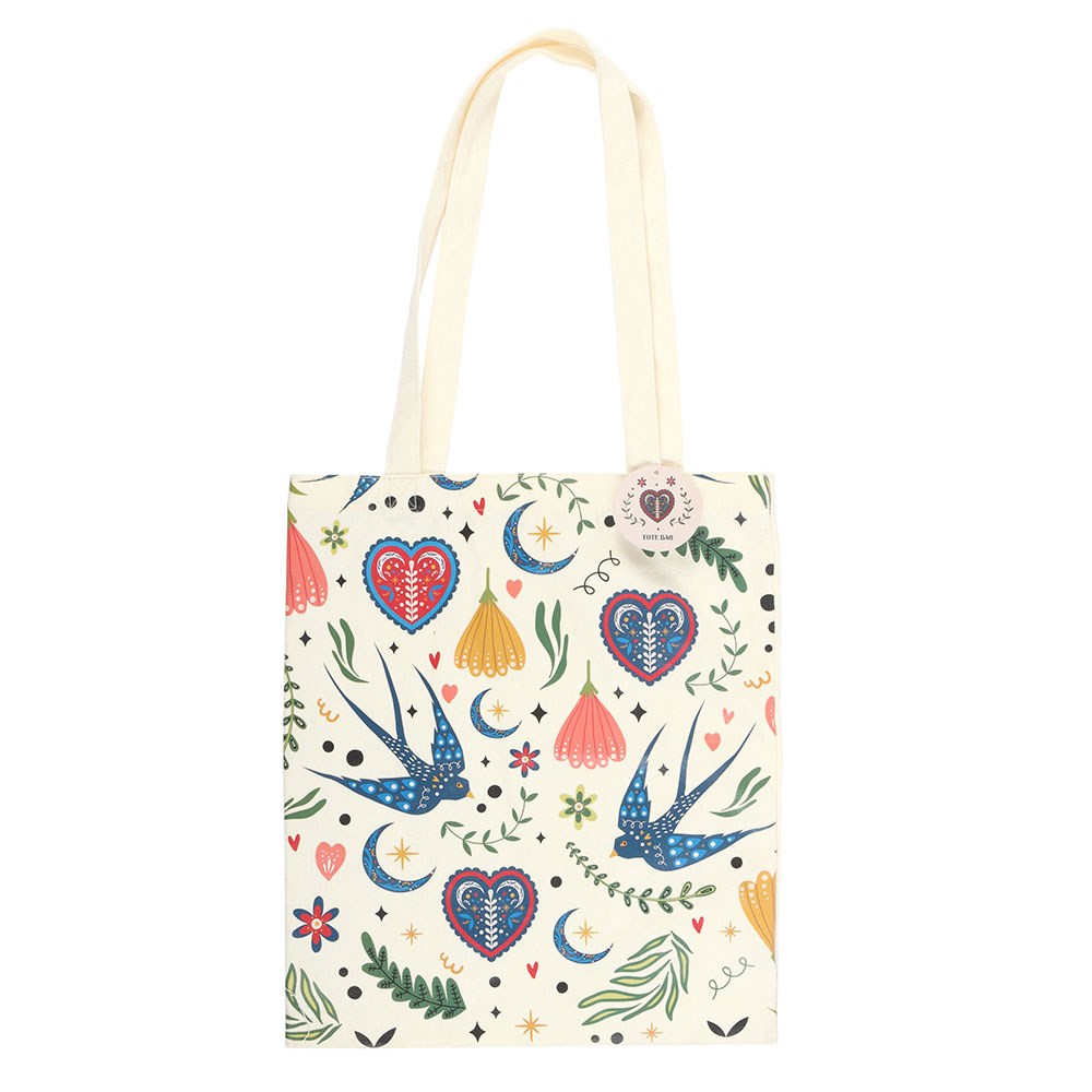 Folk Art Blue Swallow Polycotton Tote Bag