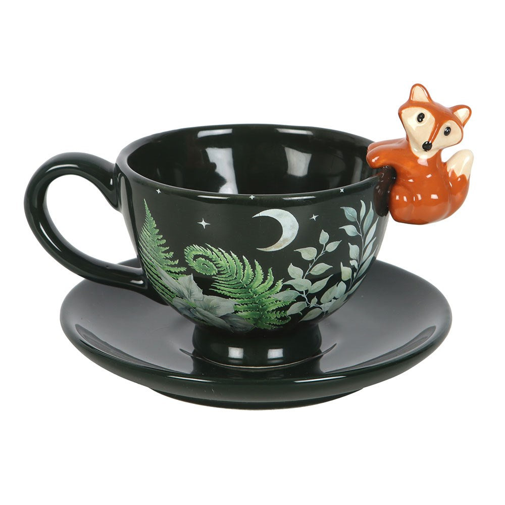 Dark Green Woodland Fox Ceramic Teacup & Saucer