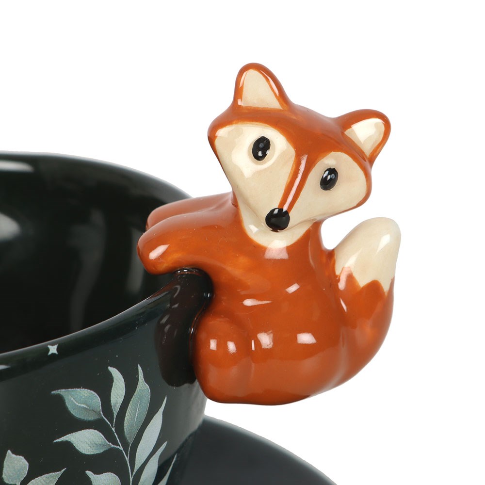 Dark Green Woodland Fox Ceramic Teacup & Saucer