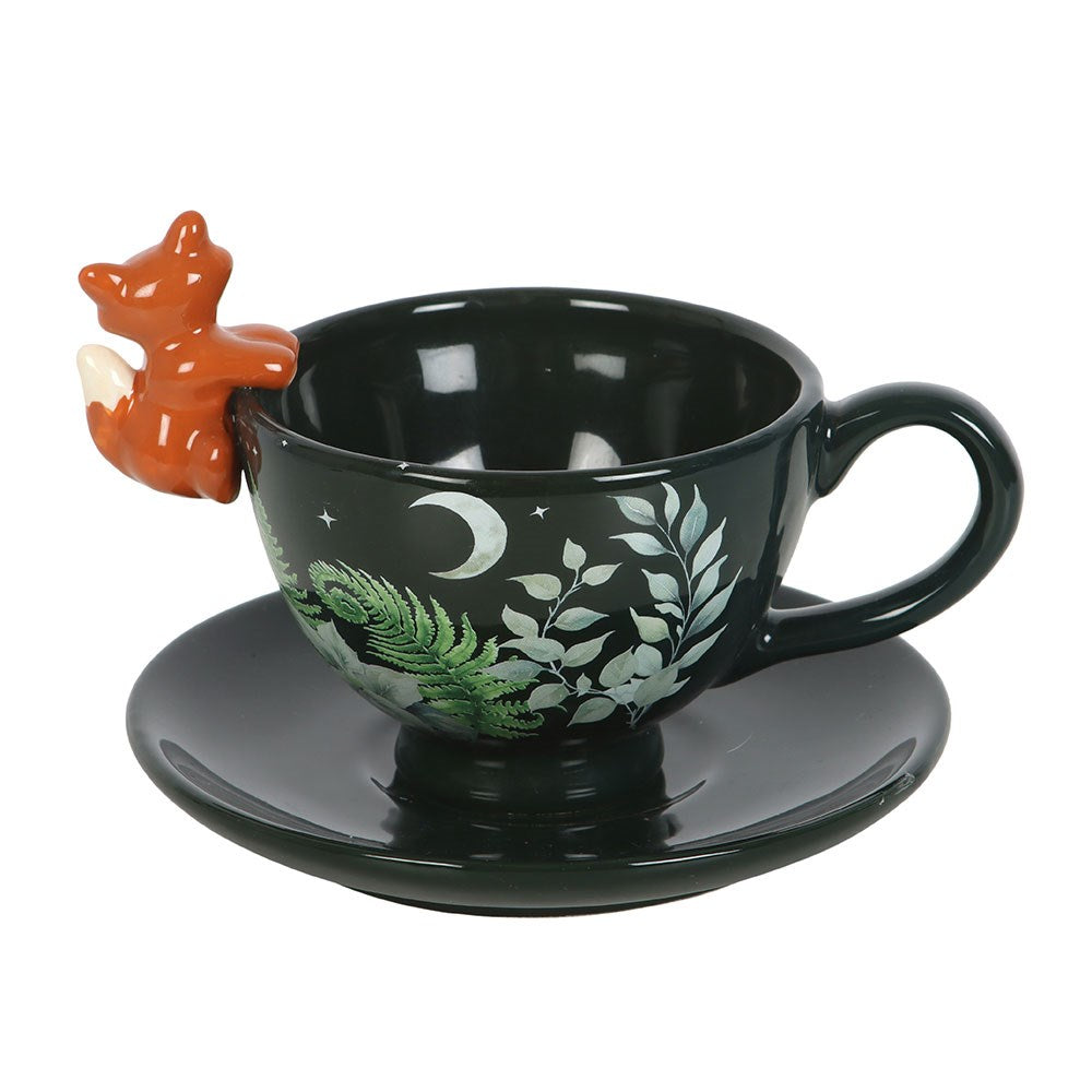 Dark Green Woodland Fox Ceramic Teacup & Saucer