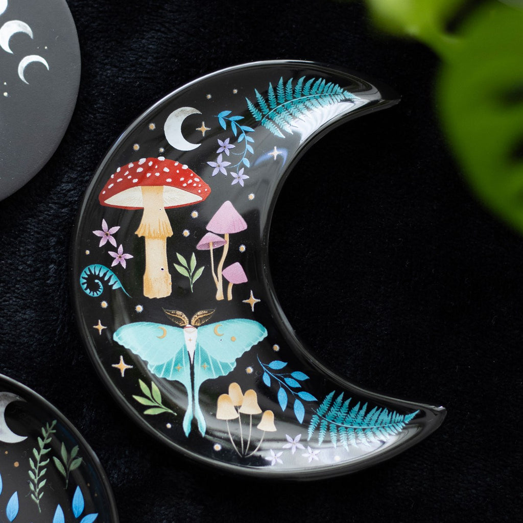 Forest mushroom ceramic crescent moon trinket dish, perfect for jewellery and small items