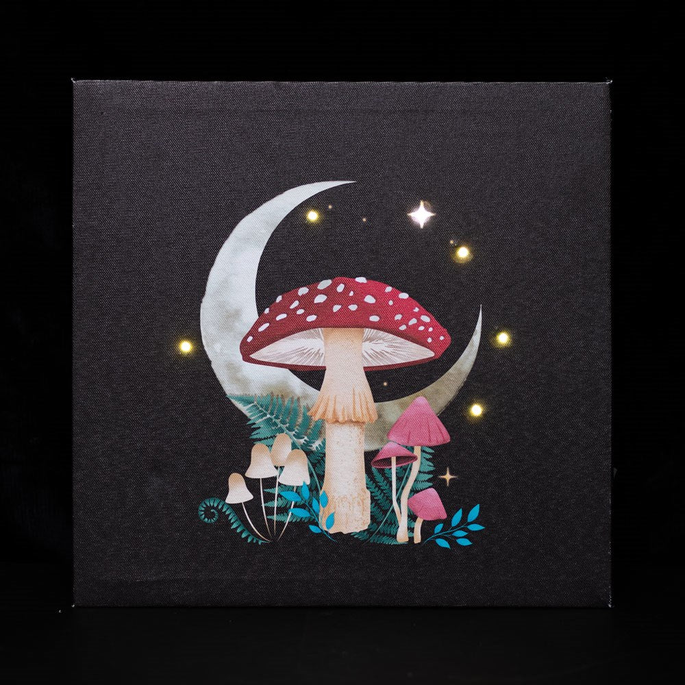 Forest mushroom LED canvas picture, light-up wall art with woodland design