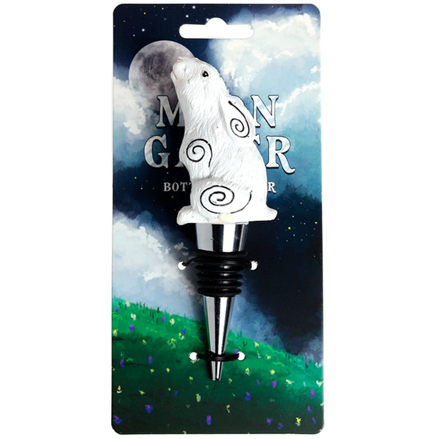 White resin moon gazing hare bottle stopper with spiral detailing, displayed on a moonlit night sky branded card backing