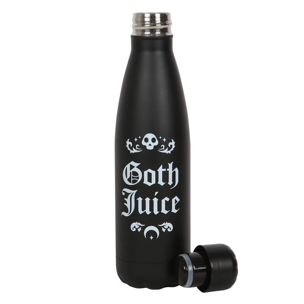 Black metal water bottle with Goth Juice gothic lettering and skull and moon decorative details on a white background