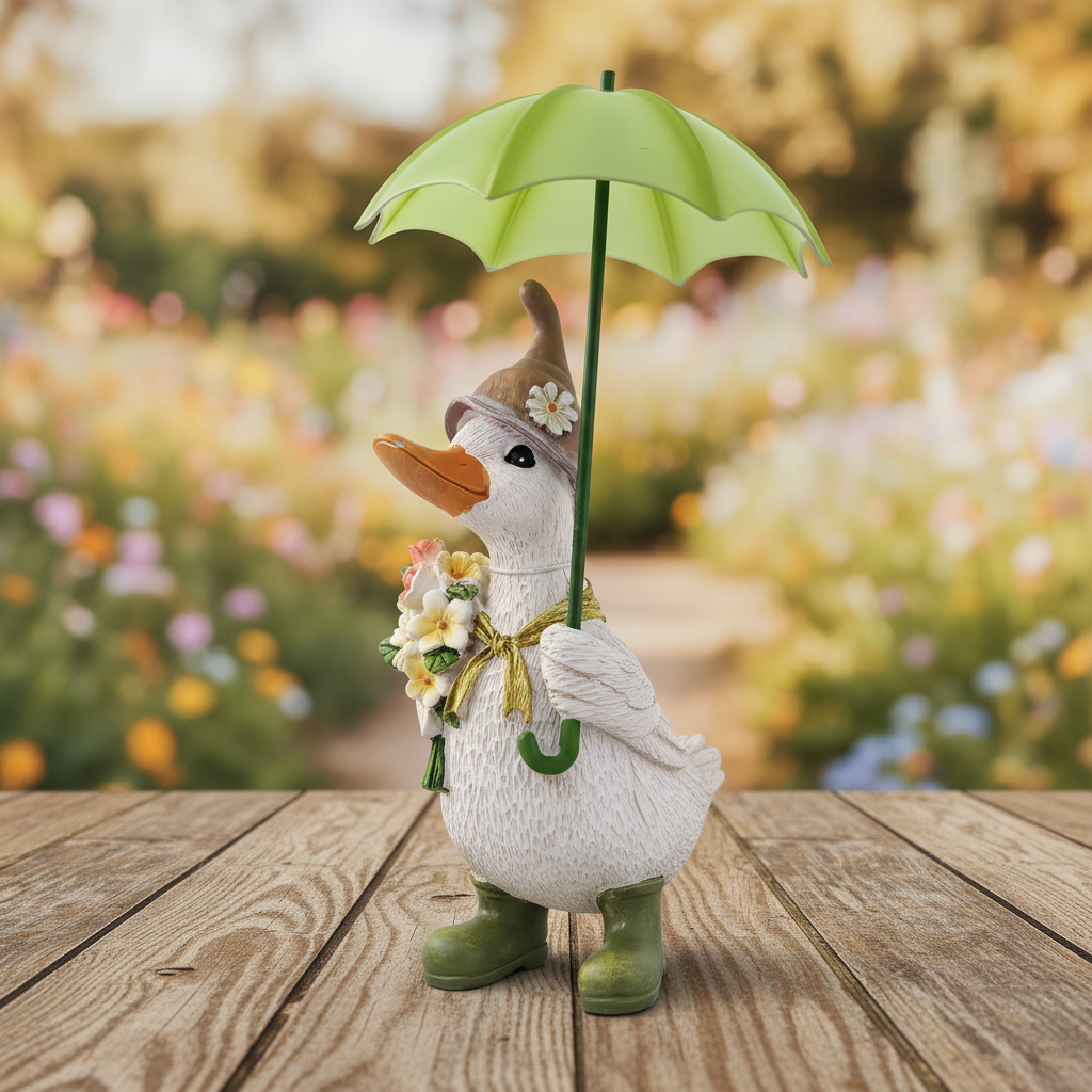 White resin duck figurine with brown pointed hat, flower bouquet and green umbrella, wearing green wellington boots