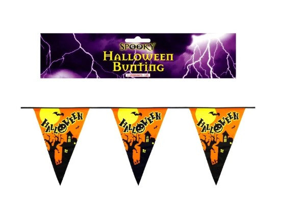 12ft Halloween PVC bunting with 11 orange and black triangular pennant flags featuring haunted house, bat and Halloween text designs, shown with packaging on a white background
