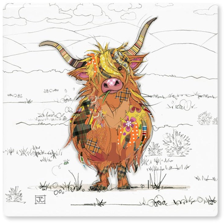 Hamish Highland Cow ceramic coaster by Bug Art featuring detailed Highland cow artwork and countryside-inspired design.