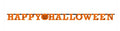 Orange Happy Halloween jointed card letter banner with jack-o-lantern pumpkin design on the letter Y, on a white background