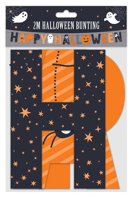 Colourful 2m Happy Halloween card letter banner with orange, black and white letters featuring ghost, skeleton, pumpkin and spider Halloween character designs