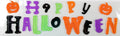Reusable Happy Halloween window gel decoration letters and pumpkins in orange purple green and black laid out on white backing sheet