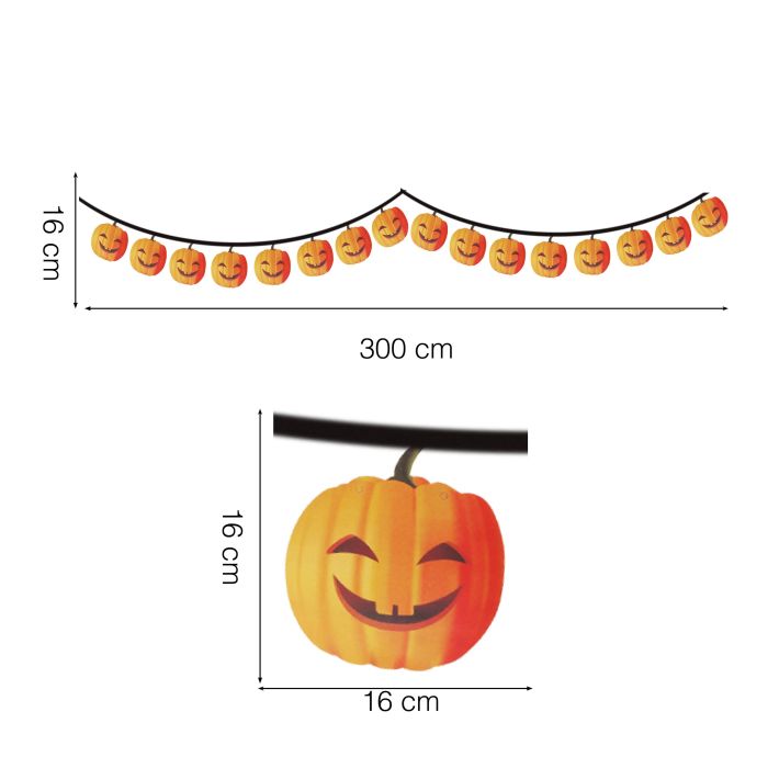 3m Halloween garland with smiling orange jack-o-lantern pumpkin faces each 16cm wide, strung on a black cord, shown with dimensions on a white background
