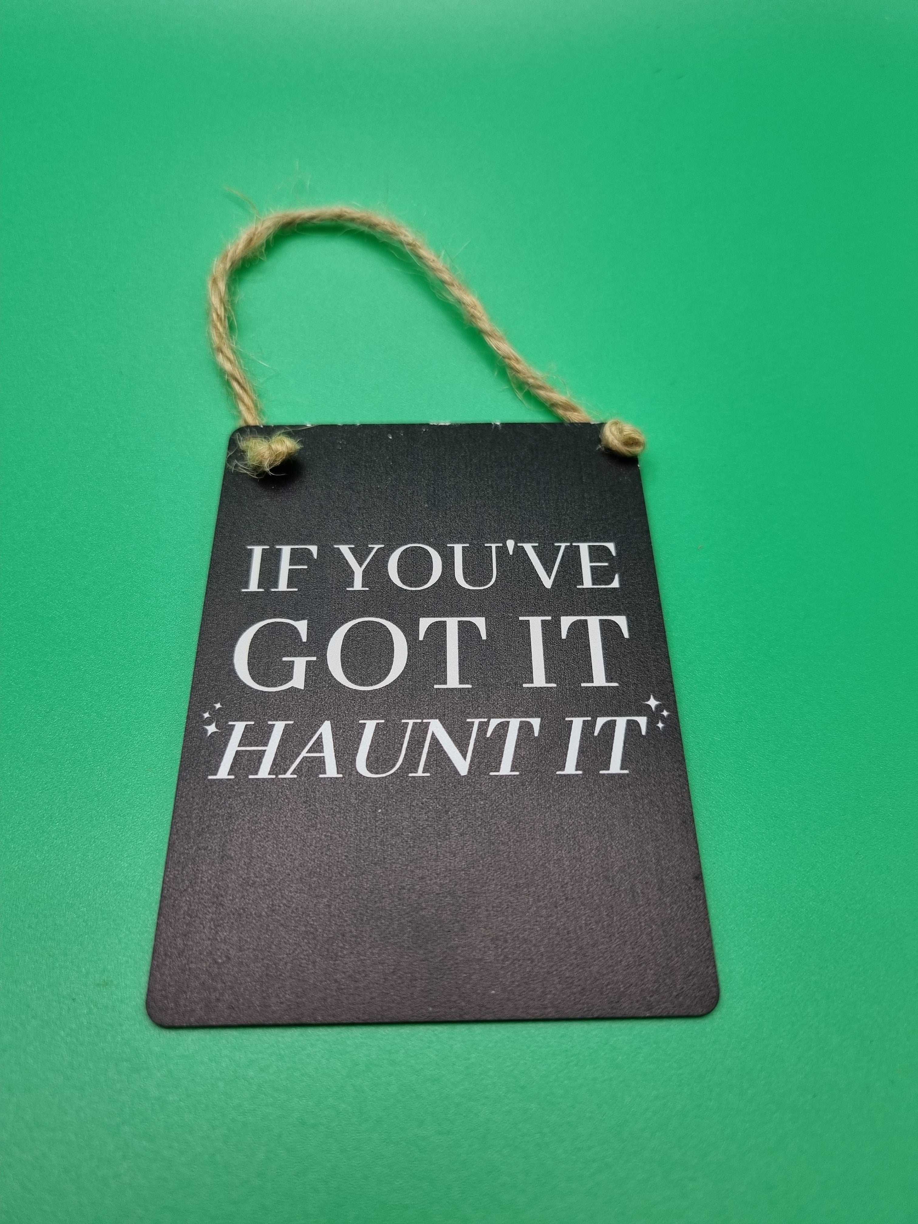 Black mini metal hanging sign with white "If You've Got It Haunt It" slogan and jute rope hanger, photographed against a green background