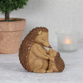 Resin hedgehog parent and child ornament showing an adult hedgehog touching noses with a small hoglet in a tender embrace, in warm brown and cream tones, styled with a terracotta pot and candle in the background