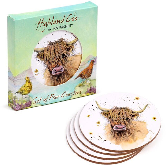 Set of 4 cork-backed Highland cow coasters by Jan Pashley, featuring detailed artwork and durable protective design