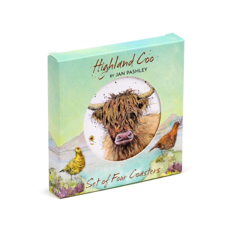 Set Of 4 Cork Back Highland Cow Coasters By Jan Pashley