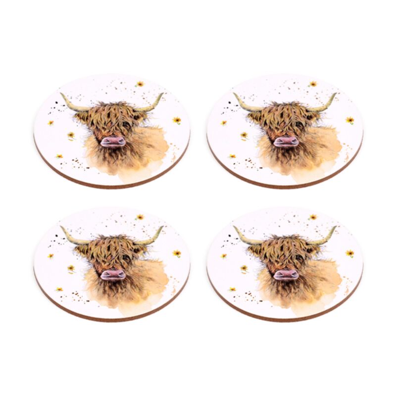 Set Of 4 Cork Back Highland Cow Coasters By Jan Pashley