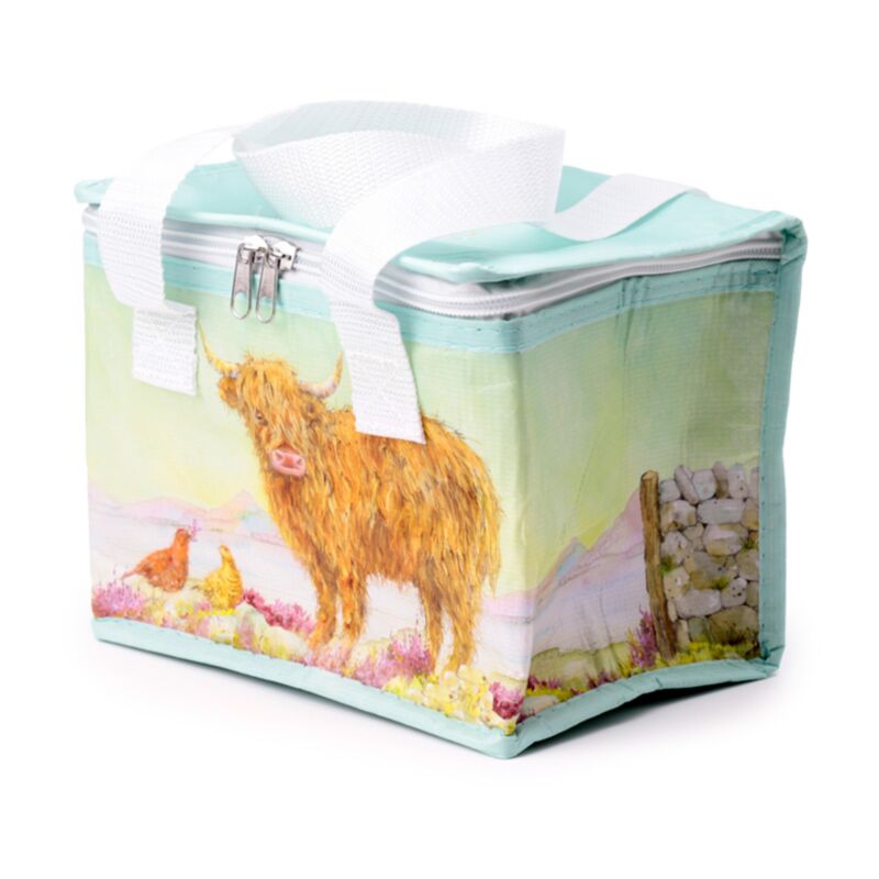 Reusable lunch bag made from recycled plastic featuring Highland cow design and insulated carry format.